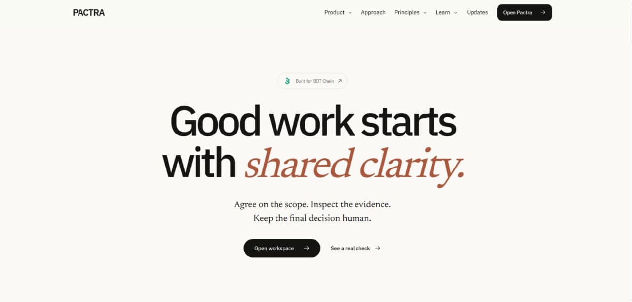 Pactra landing page with the headline Good work starts with shared clarity.